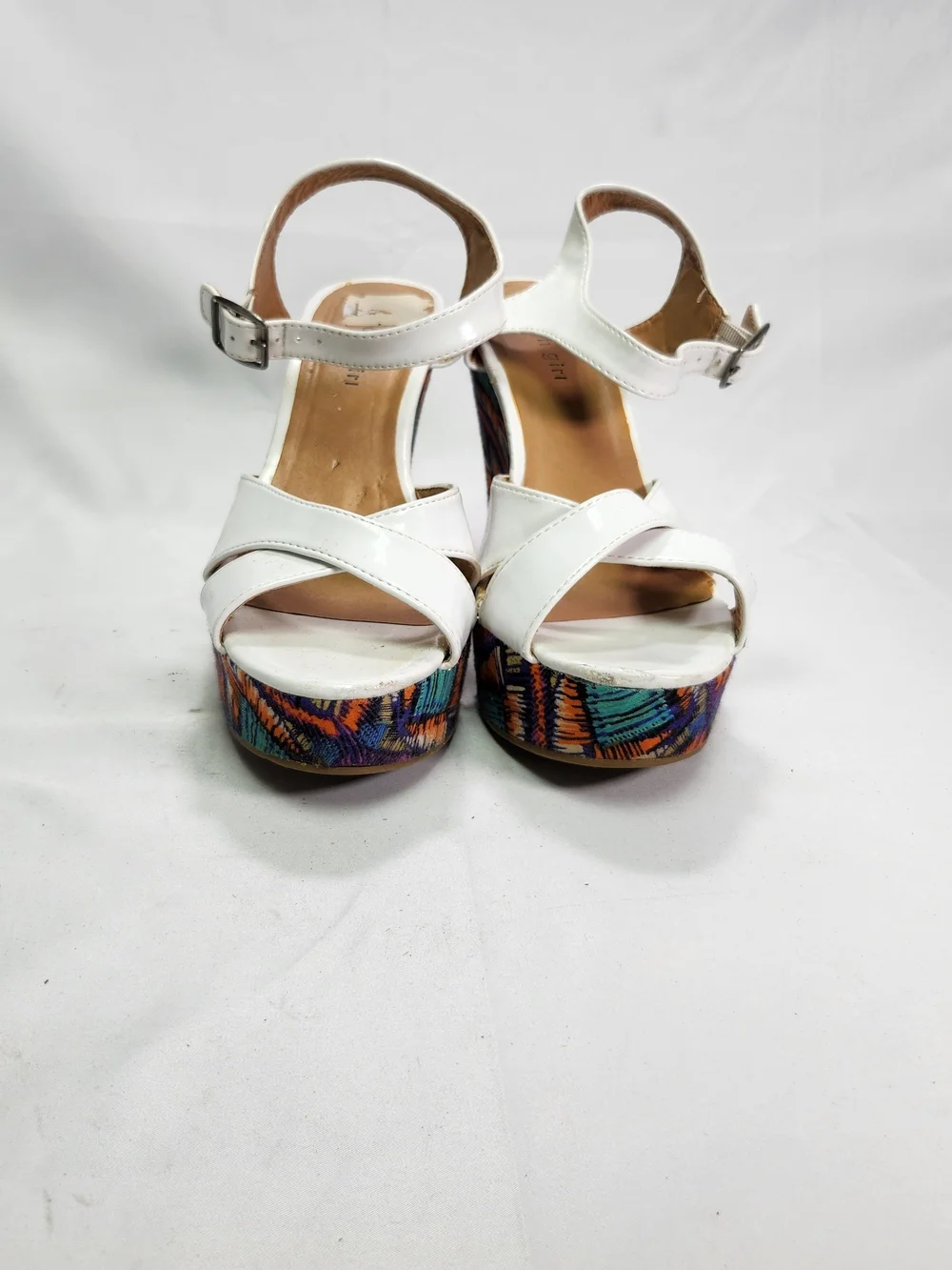 Madden Girl White Patent Strappy Platform Sandals with Colorful Patterned Wedge